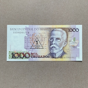 Brazilian 1 Cruzado Nova on 1000 Cruzados. Brazil Currency. Back, Rio de Janeiro. Memorabilia Note. World Bills. UNC. World Banknotes