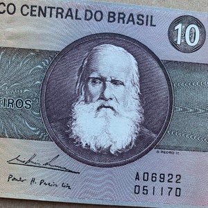 Schöner brasilianischer 10er-Cruzeiro-Geldschein aus den 1970er Jahren. Brasilien Währung. Peter II Note. Südamerikanische Erinnerungsstücke, Vintage. Welt Papiergeld
