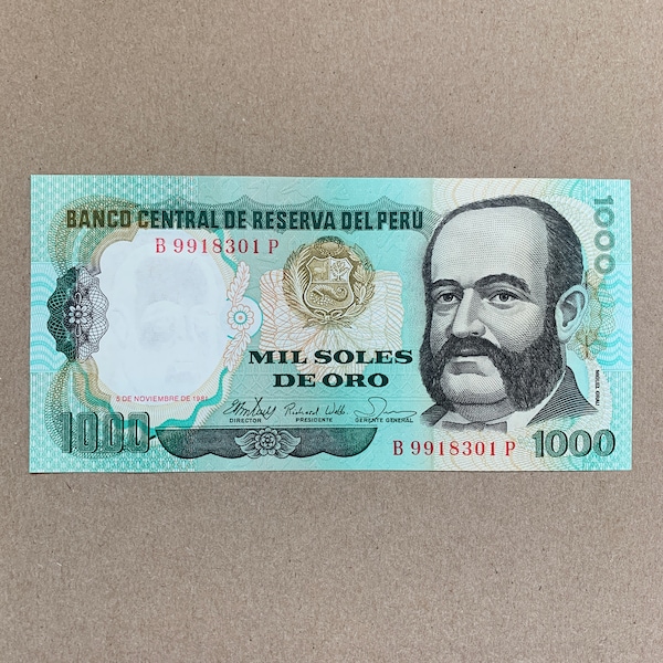 1981 Peruvian 1000 Soles de Oro Banknote. Peru Currency. Admiral Grau Art Portrait. Memorabilia Note. Decorative Guilloche on Sides.