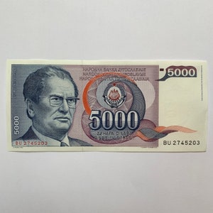 Josip Broz Tito Yugoslavia 5000 Dinara Banknote. Serbia, Macedonia, Bosnia, Montenegro, Kosovo, Slovenia, Croatia Currency, World Banknotes.
