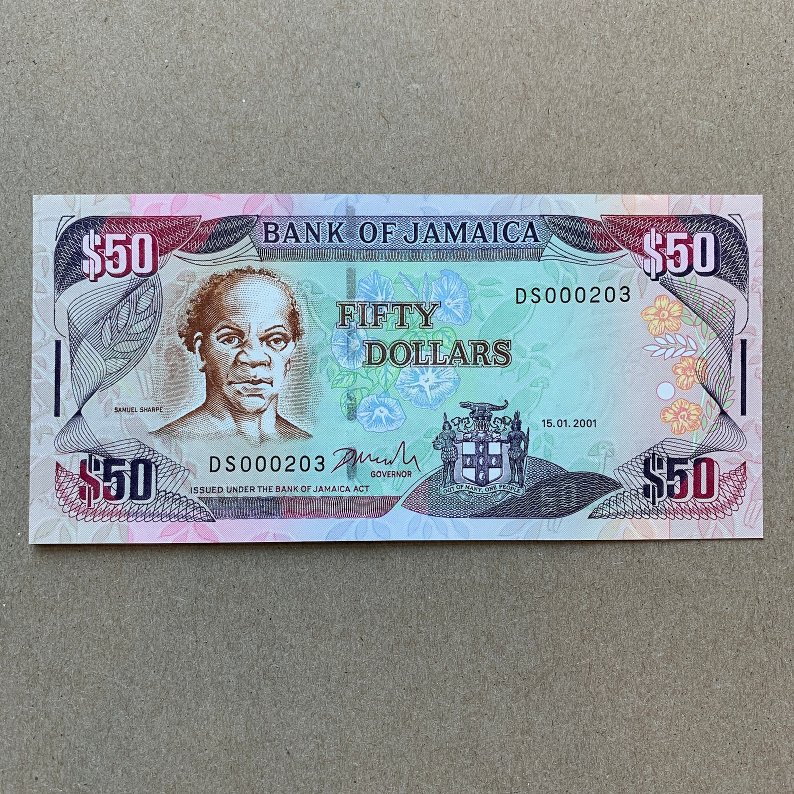 Beautiful Jamaican 50 Dollars Banknote. Jamaica Currency. Sam Sharp