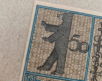 German Notgeld. 1921 50 Pfennig. Bezirk. Bear. Please read the details. Small Germany Note, Currency. WWI Memorabilia. Lack of Coinage