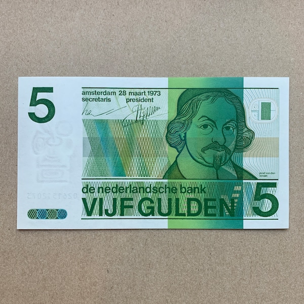 1973 Netherlands 20 Dutch Guilder Banknote. Dutch Currency. Holland Note. Memorabilia Bill. Joost van den Vondel, Inkwell, quill pen.