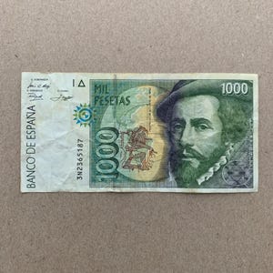 Hernan Cortes Spanish Mil 1000 Pesetas. Spain Currency, USED Note, Francisco Pizarro. Vertical, Memorabilia. World Banknotes. Conquistador.