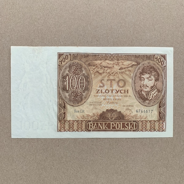 1934 Pools bankbiljet van 100 Zlotych. Munteenheid van Polen. Notitie Prins Józef Antoni Poniatowski. Watermerk Koningin Jadwiga Art. Memorabilia