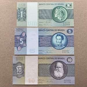 3 Pcs Brazilian Cruzeiros. 1980&#39;s Liberty Billette, Banknotes, Currency. At Back, Banco Central, Maroon Parade Square, Prophet Daniel Statue