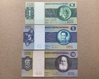 3 Pcs Brazilian Cruzeiros. 1980's Liberty Billette, Banknotes, Currency. At Back, Banco Central, Maroon Parade Square, Prophet Daniel Statue