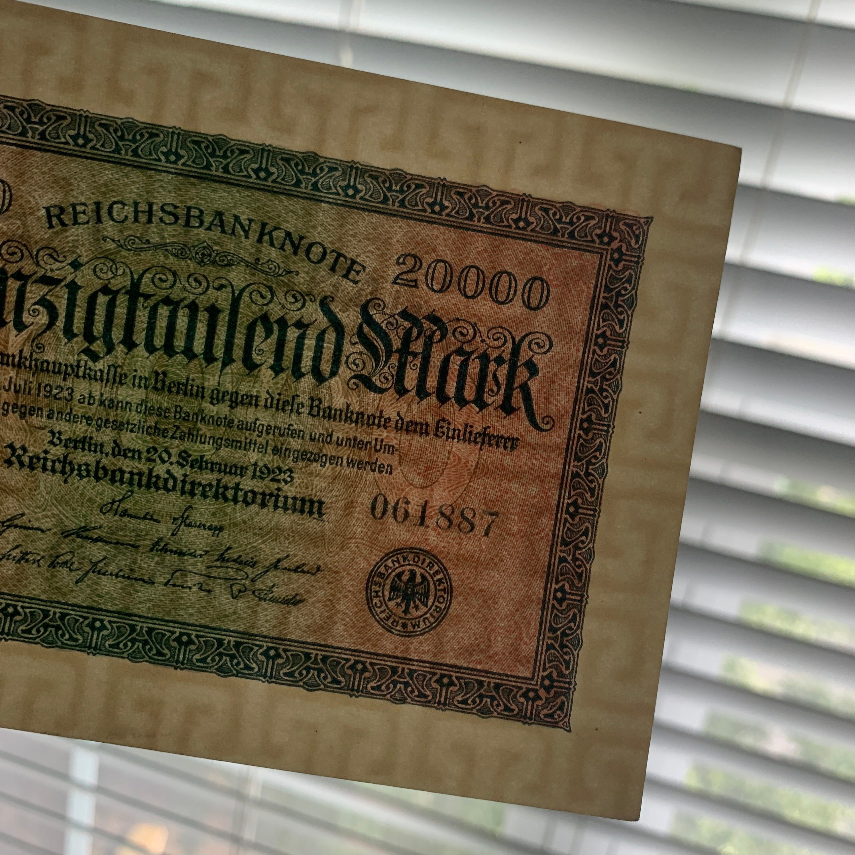 1923 20000 German Mark Banknote. Germany Currency