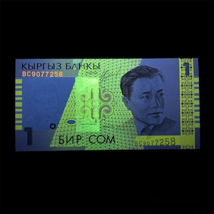Kyrgyzstan, Kyrgyz One Som Banknote. A. Maldybayev at right. Back, String musical instruments. Art, Memorabilia, Vintage. UV Light