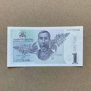 1 Lari Kleiner georgischer Geldschein. Georgien Währung. Niko Pirosmani. Rückseite, Ansicht von Tiflis, Gemälde von Hirsch. Welt Papiergeld Erinnerungsstücke.