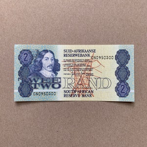 Südafrikanische 2 Rand Banknote. Südafrika Währung das Land von Nelson Mandela, Notizen. Jan van Riebeek Rechnungen. Erinnerungsstücke. Kunst.