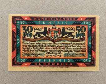 Not Deutsches Notgeld. 1921 50 Pfennig. Oldenburg. Bitte lesen Sie die Details. Kleine Deutschland Geldschein, Währung. WWI Erinnerungsstücke.