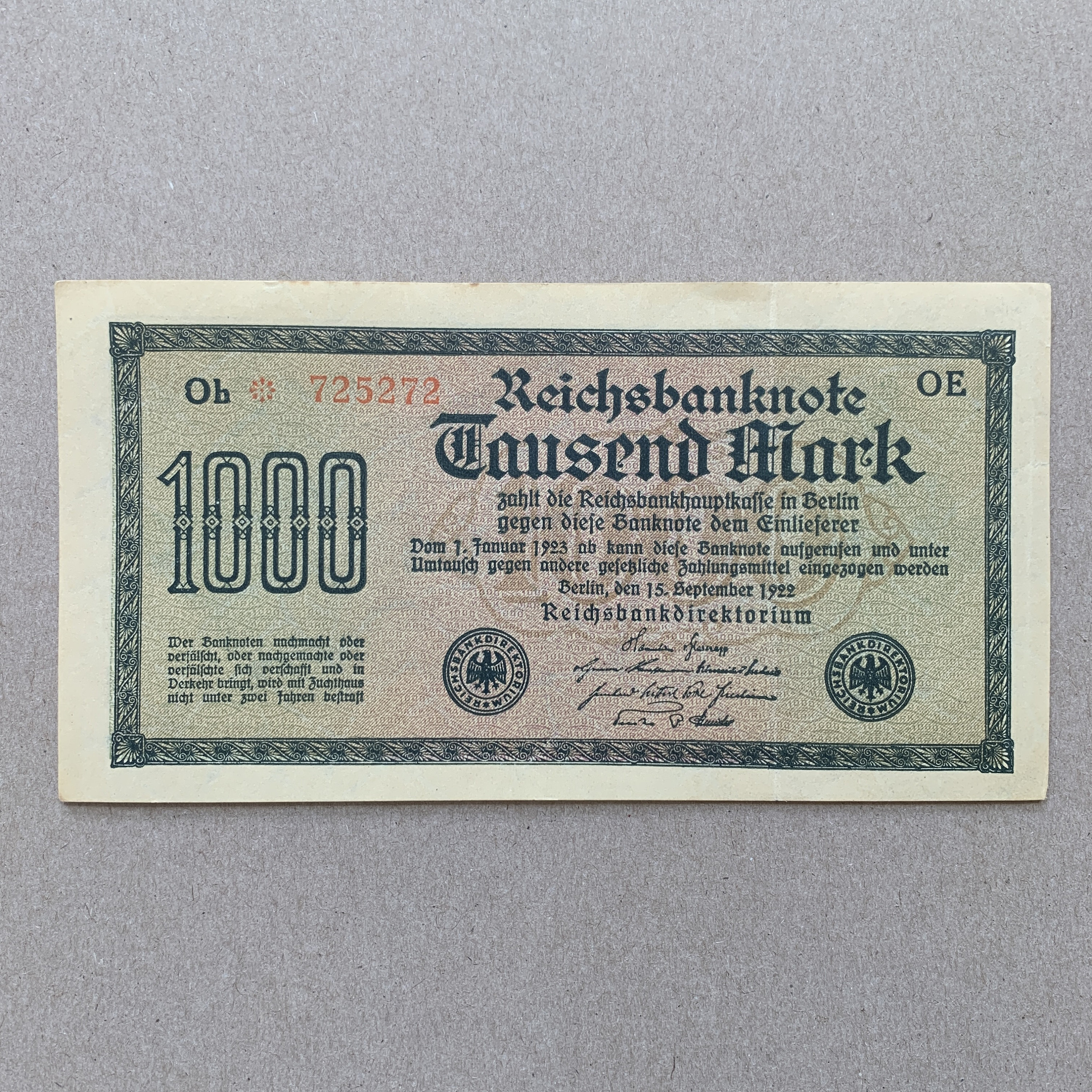 1922 German Hyperinflation 1000 Mark Reichsbanknote Banknote.
