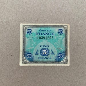 Used 1944 French 5 Francs, Allied Military Currency AMC, issued by the Allied powers during World War II. France, Banknotes. WW2. Veteran.
