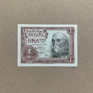 1953 Spain 1 Peseta Small Banknote. Spanish Currency. Marques de Santa Cruz Notes, Bills, Memorabilia. Alvaro de Bazan