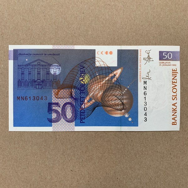 1992 Slovenian 50 Tolarjev Banknote. Slovenia Currency Scientist Note. Jurij Bartolomej Vega, Planets and Geometric. Paper Money Memorabilia