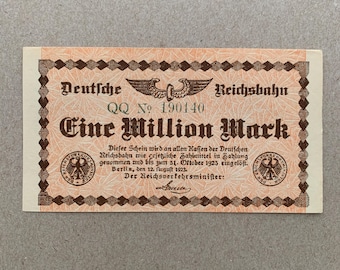 100 Jahre alter deutscher 1 Million Mark Geldschein. Die Währung der Deutschen Reichsbahn. Deutschland Eisenbahnen Papiergeld. Post WW1, WWI Erinnerungsstücke