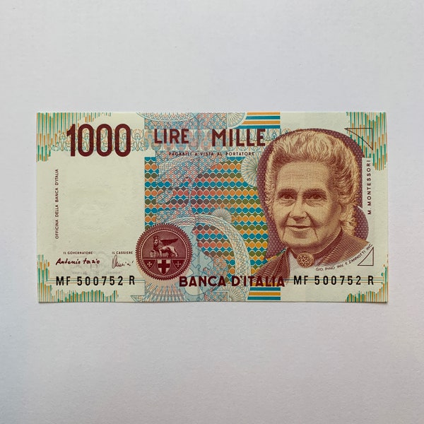 Maria Montessori Italy 1000 Lire Banknote. Notes, Bills, Billetes Never Circulated. Italian Currency. Great Teacher Gift. Maria Montesori