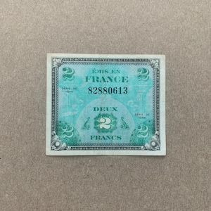 Used 1944 French 2 Francs, Allied Military Currency AMC, issued by the Allied powers during World War II. Bills, France, Banknotes. WW2.