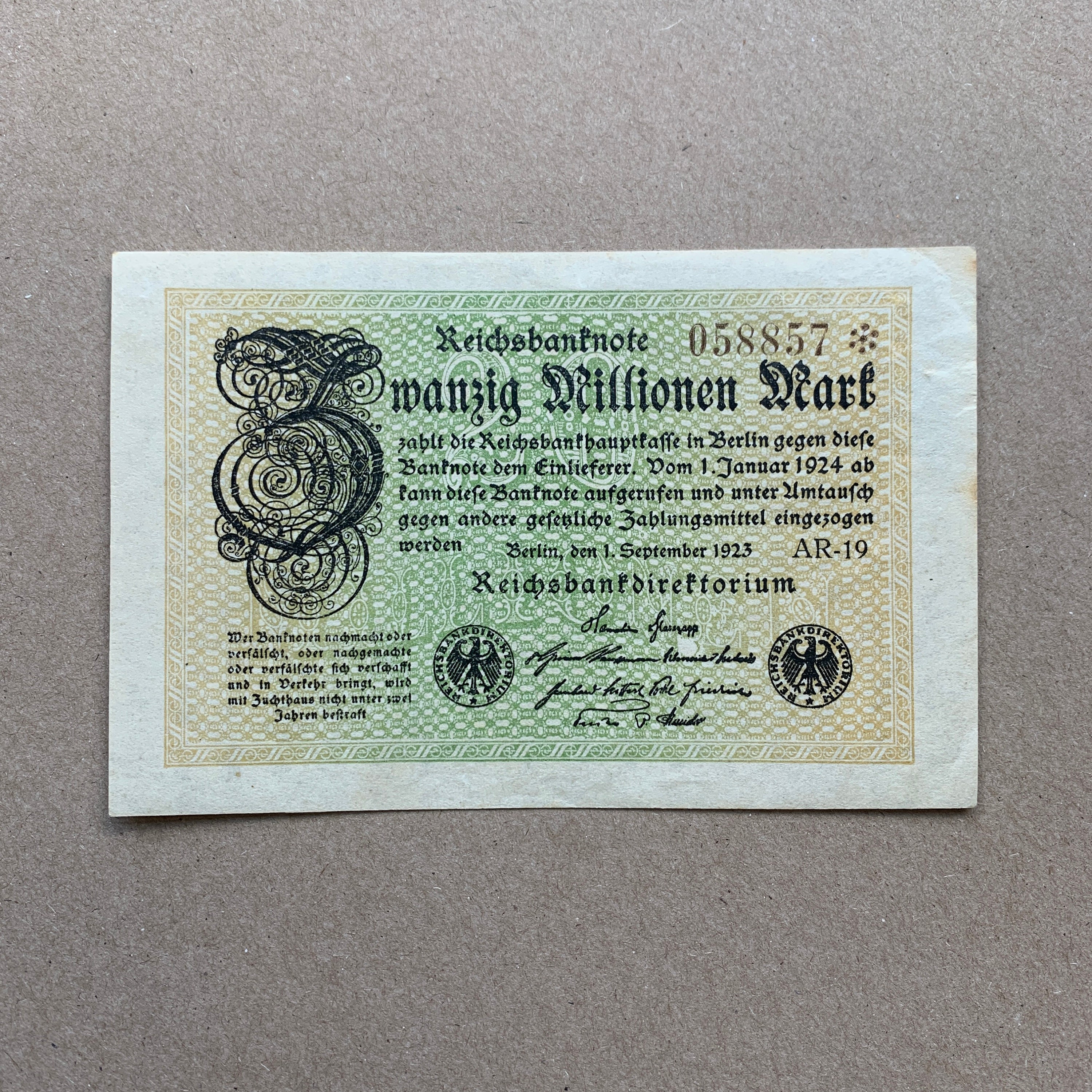 98 Years Old Historic 20 Million German Mark 1923 Banknote.