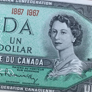 Queen Elizabeth II Notes, Bills. 1967 Commemorative Issue,Canadian 1 Dollar Banknote. Please read the details. Canada Currency. aUNC image 1