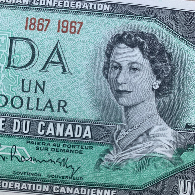Queen Elizabeth II Notes, Bills. 1967 Commemorative Issue,Canadian 1 Dollar Banknote. Please read the details. Canada Currency. aUNC image 1