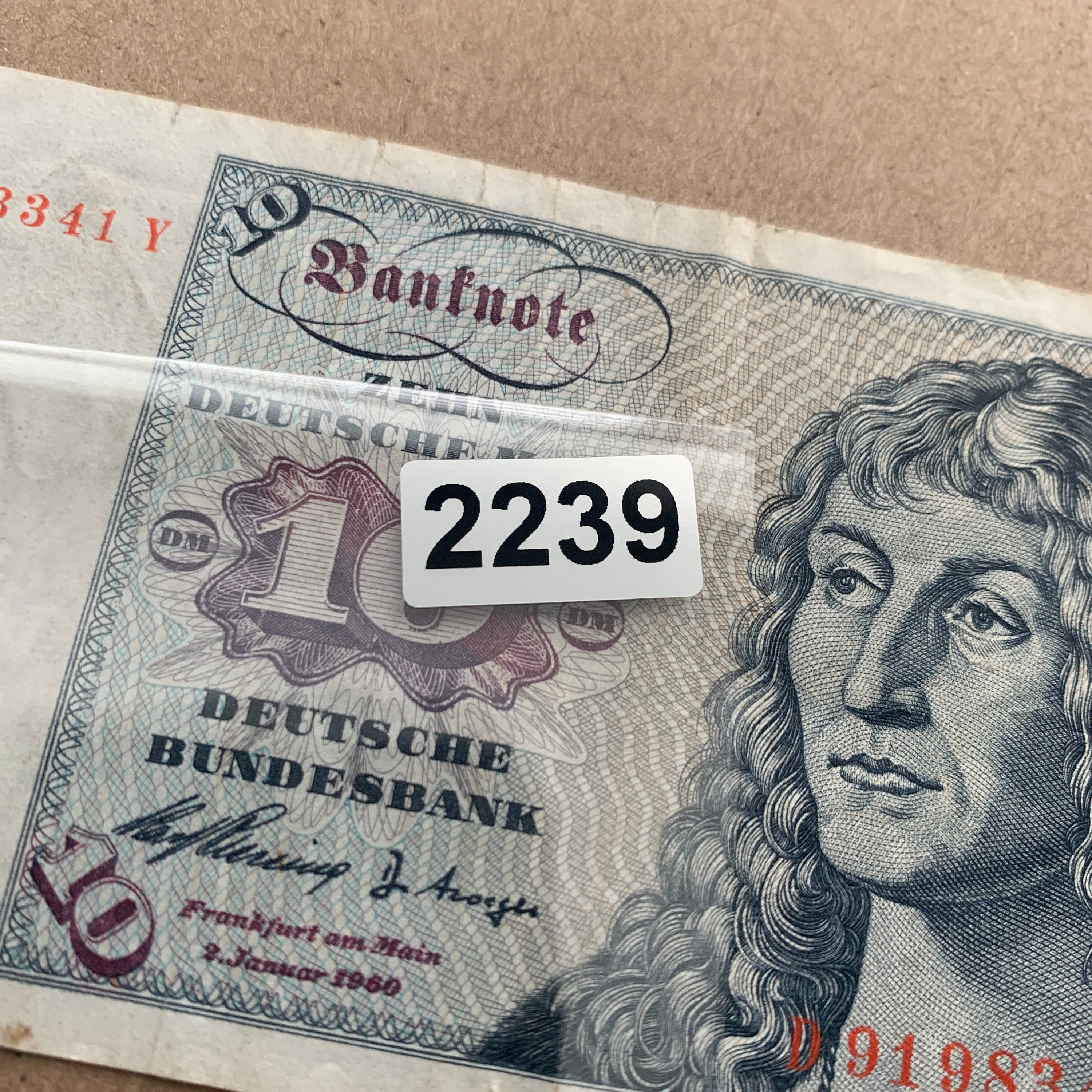 Used 1960 10 German Mark Banknote. Albrecht Durer. Sail