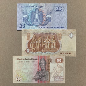 3 pcs Egypt Piastres, Pound Set. Ramses II. Crisp, Uncirculated (UNC) Hosni Mubarak Era Billetes, Currency, Banknotes. Ancient Egyptian 