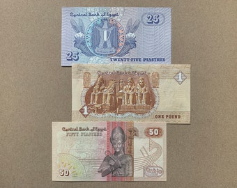 3 pcs Egypt Piastres, Pound Set. Ramses II. Crisp, Uncirculated (UNC) Hosni Mubarak Era Billetes, Currency, Banknotes. Ancient Egyptian 
