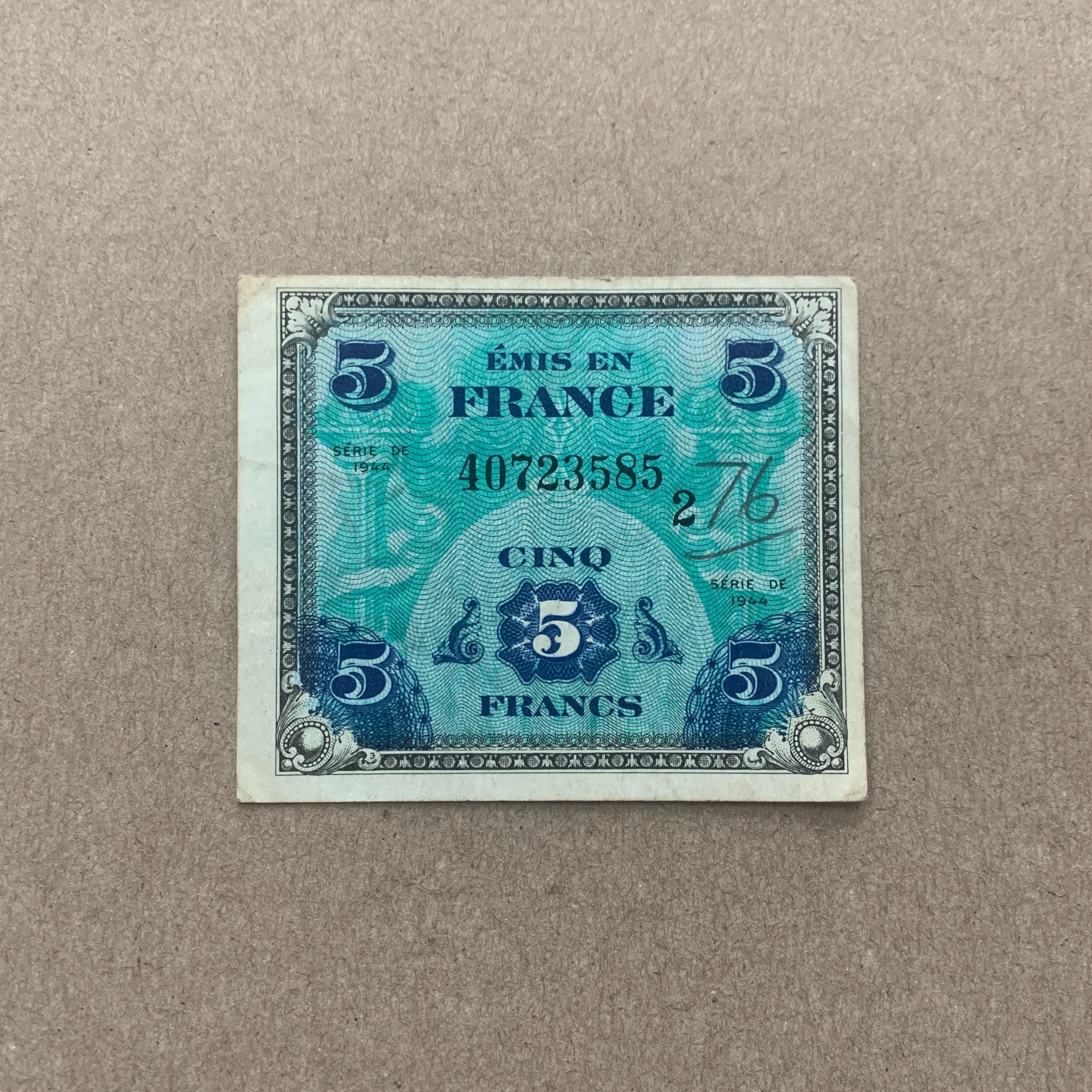 Used 1944 French 5 Francs, Allied Military Currency AMC