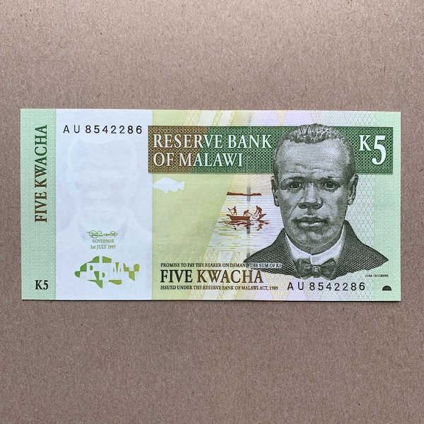 1997 Malawi 5 Kwacha Banknote. Malawian Currency, Notes. African Bills  John Chilembwe Memorabilia. Malawian Engraving Art.