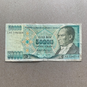 1989 Turkish Olive Green 50000 Turkish Lira. Turkey Currency, Mustafa Kemal Ataturk Notes, Bills, Memorabilia. Parliament House in Ankara