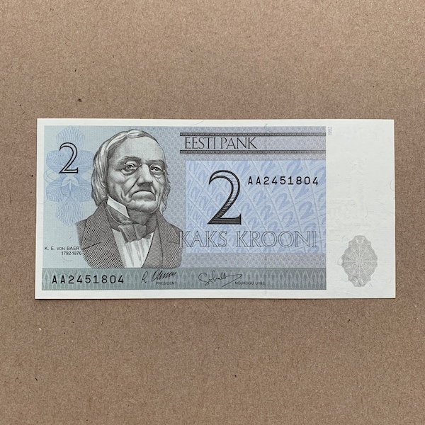 1992 Estonia 2 Krooni Banknote. Karl Ernst Ritter von Baer Edler Currency, Notes, Bills. Tartu University, Memorabilia, Art. 