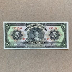 1961 Mexikanische Fünf (Cinco) Pesos Banknote. Mexiko Papiergeld. Billete Mexicano, Moneda Mexicana. Zigeuner Banknoten. Welt Banknoten.