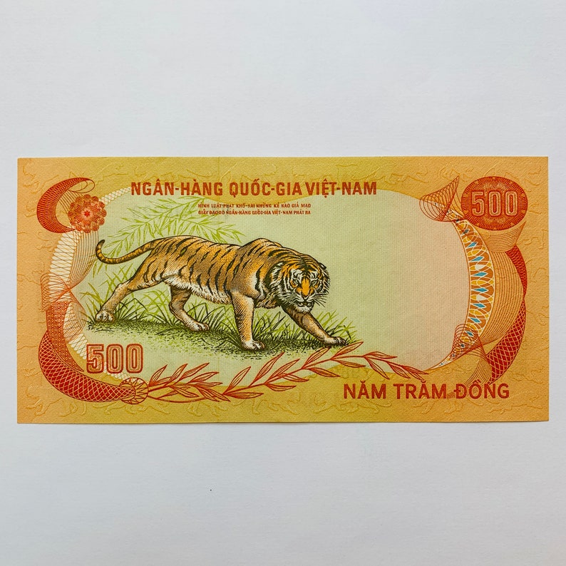 Iconic TIGER Note. Vietnam War Era South Vietnamese 500 Dong Banknote. Asian Currency.  Viet Nam Paper Money. Memorabilia. Artistic Bill.
