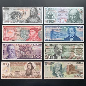 Wunderschönes 8 Stück Banknoten Set aus Mexiko. Mexiko Währung. Mint Pesos Billetes. Welt Banknote. Tolle Erinnerungsstücke und Geschenkideen. Ausländische Note.