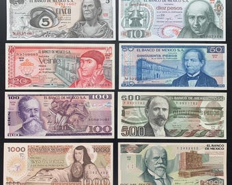 Mooie 8-delige Mexicaanse bankbiljettenset. Mexico-valuta. Munt Pesos Billetes. Wereldbankbiljet. Geweldige memorabilia en cadeau-ideeën. Buitenlandse noot.