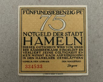 Square German Notgeld. 1921 75 Pfennig. Hameln City. Please read the details. Small Germany Note, Currency. WWI Memorabilia. Lack of Coinage