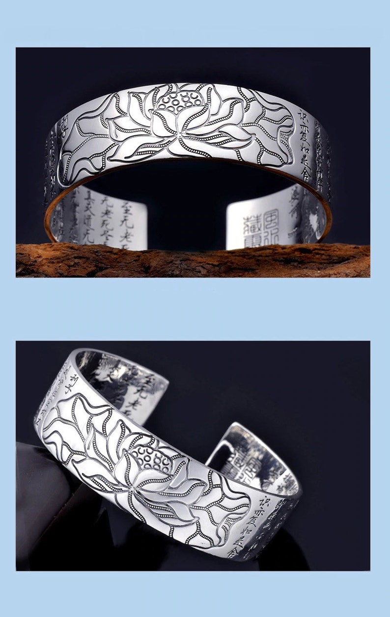 Silver bracelet with Lotus and Buddhist scripture blessing