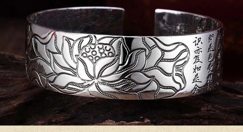 Silver bracelet with Lotus and Buddhist scripture blessing
