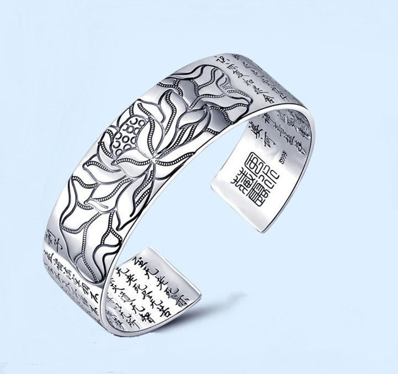 Silver bracelet with Lotus and Buddhist scripture blessing