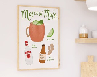 Moscow Mule Cocktail Art Print, Cocktail Digital Wall Art, Drink Illustration Print, Cocktail Printable Poster, Bar Poster, Bar Cart Decor