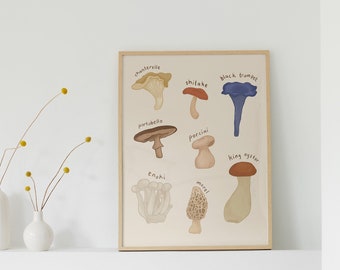 Mushroom Types Illustration Wall Art, Set of 2 Posters With Food, Cute Kitchen Wall Art, Kitchen Decor, Food Print Art, Digital Download