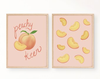 Peach Wall Art, Set of 2 Art Prints, Peachy Keen Poster, Illustration Digital Download, Cute Wall Decor, Kitchen Decor, Printable Art