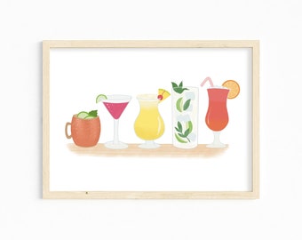 Cocktail Bar Art Print, Cocktail Lover Poster, Cocktail Illustration Print, Cute Bar Decor, Colorful Wall Art, Kitchen Decor, Cocktail Gift