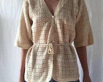 vintage 1970s crochet cardigan with waist tie and buttons