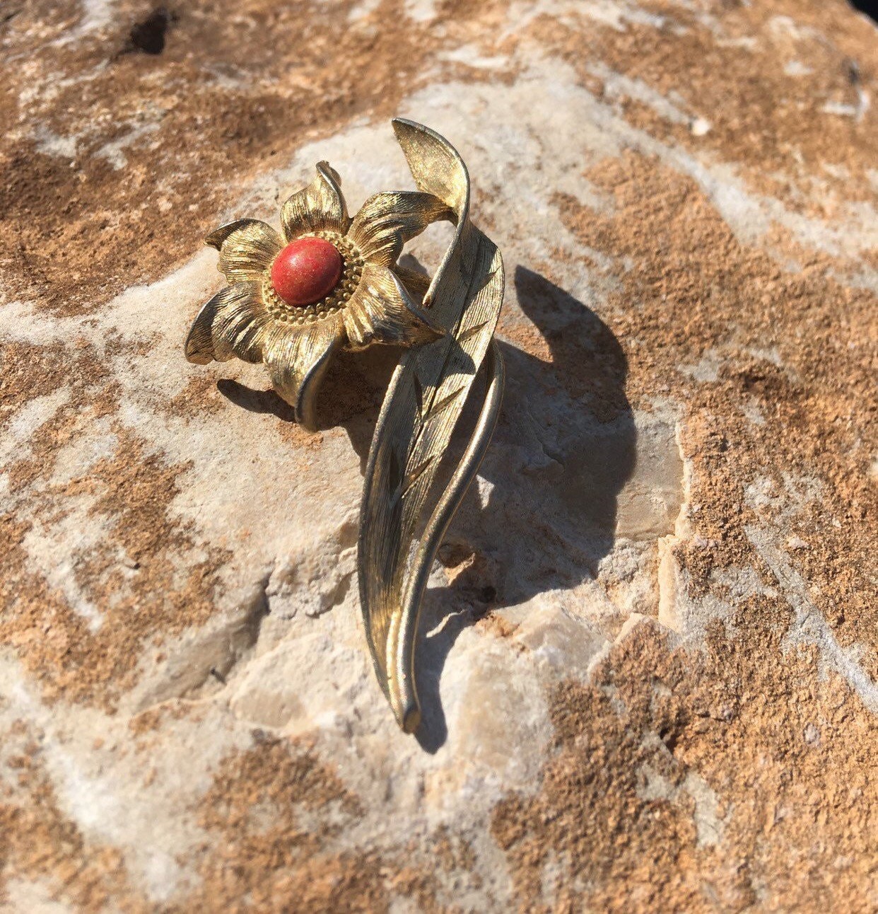 Vintage Sunflower Brooch With Coral Center Signed Mamselle Etsy UK