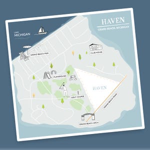 May include: A map of Grand Beach, Michigan, with illustrations of a sailboat on Lake Michigan, a pier, playground, golf course, and clubhouse. The map includes the text "HAVEN" and "GRAND BEACH ROAD".
