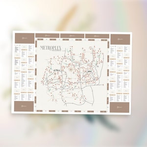 May include: A wedding seating chart featuring a map of the Dallas-Fort Worth Metroplex. The map is beige with brown details, including roads and venue icons. The text "METROPLEX WEDDINGS" is at the top. Additional seating information is on the sides.