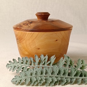 May include: A handcrafted wooden bowl with a lid. The bowl is light brown with a darker brown lid and finial. The wood grain is visible. The bowl is sitting on a neutral surface with a sprig of green leaves.